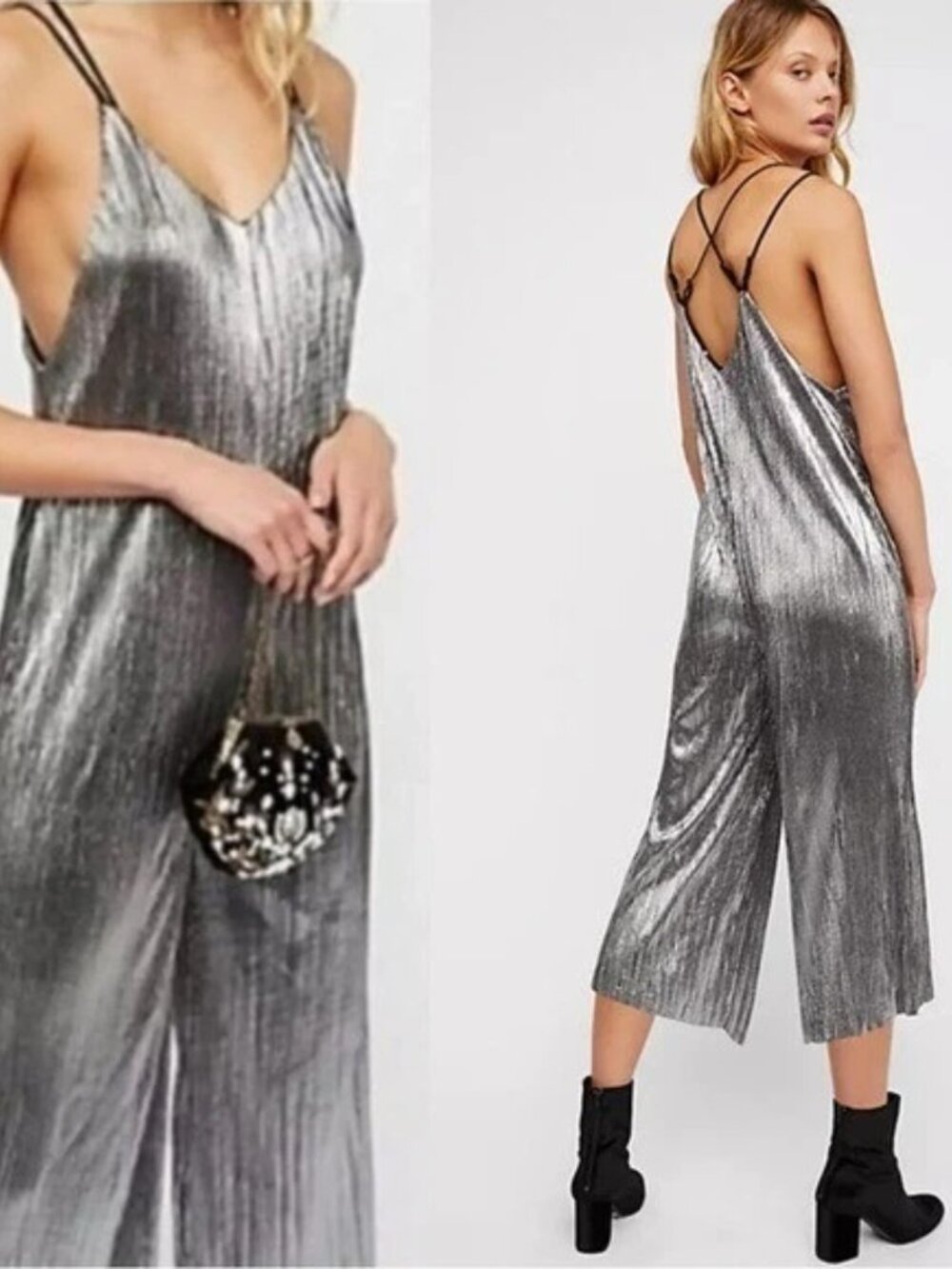 Free People Flicker Flash Metallic Wide Leg Jumpsuit - Size Small